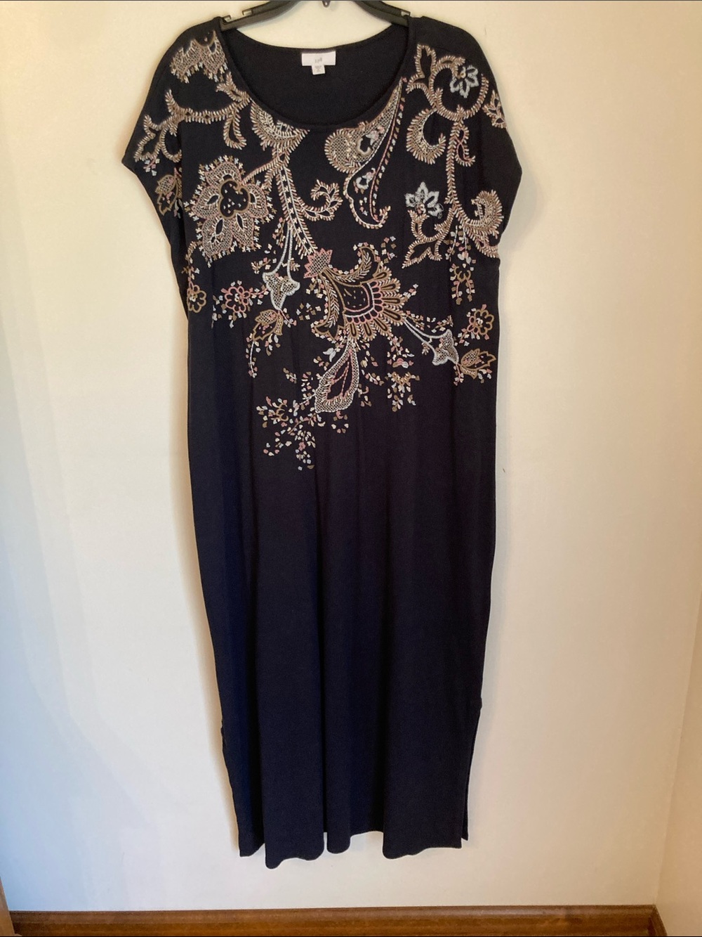 J. Jill Black Maxi Dress with Metallic Paisley Embroidery XL Tall EUC